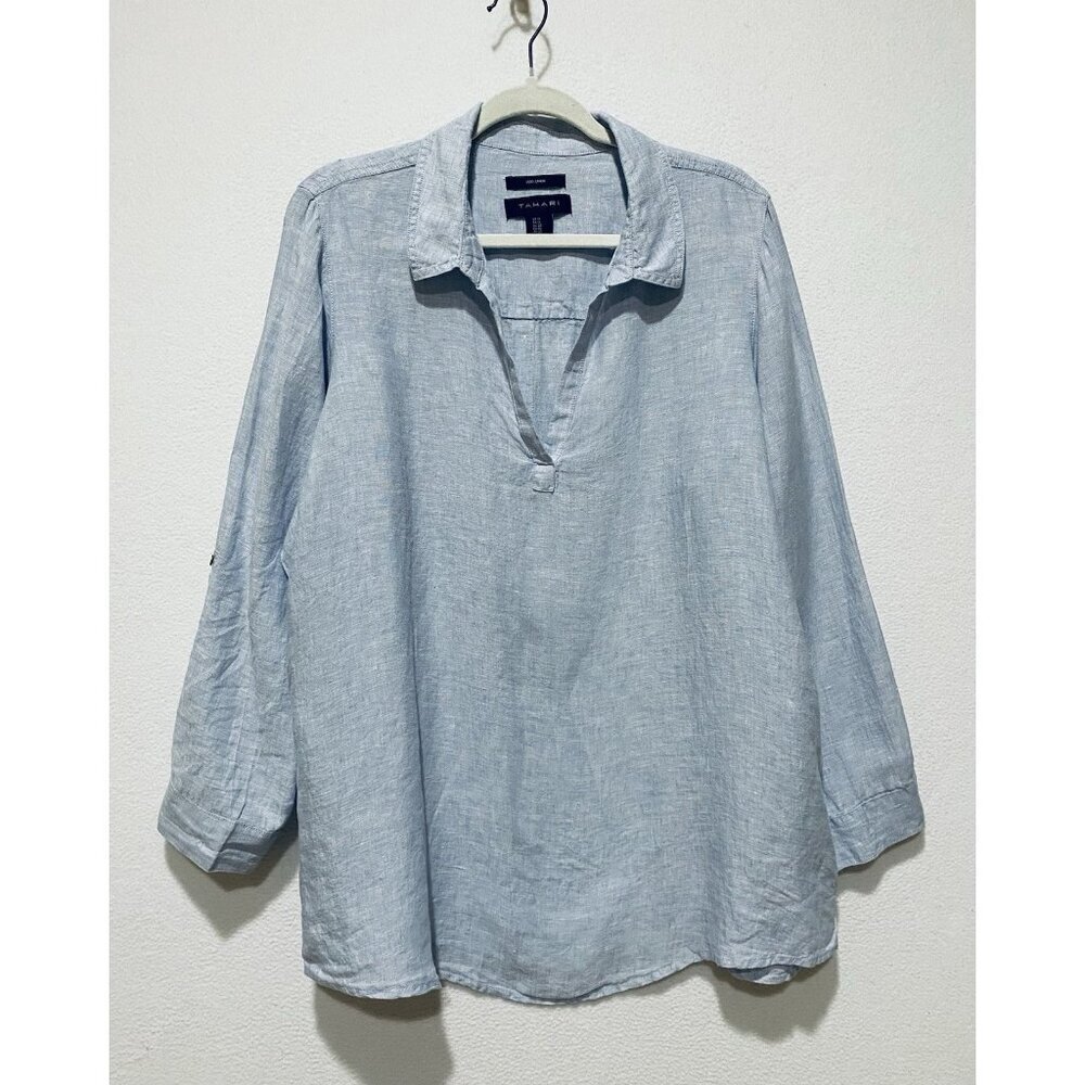 Tahari Top Womens 1X Light Blue Linen Popover Button Back Long Sleeve Boho